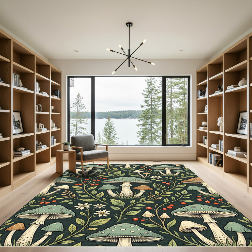 Sage Mushroom Forest Botanical Illustration Rug