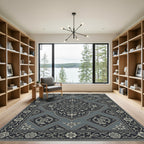 Elegant Slate Floral Koi Medallion Rug