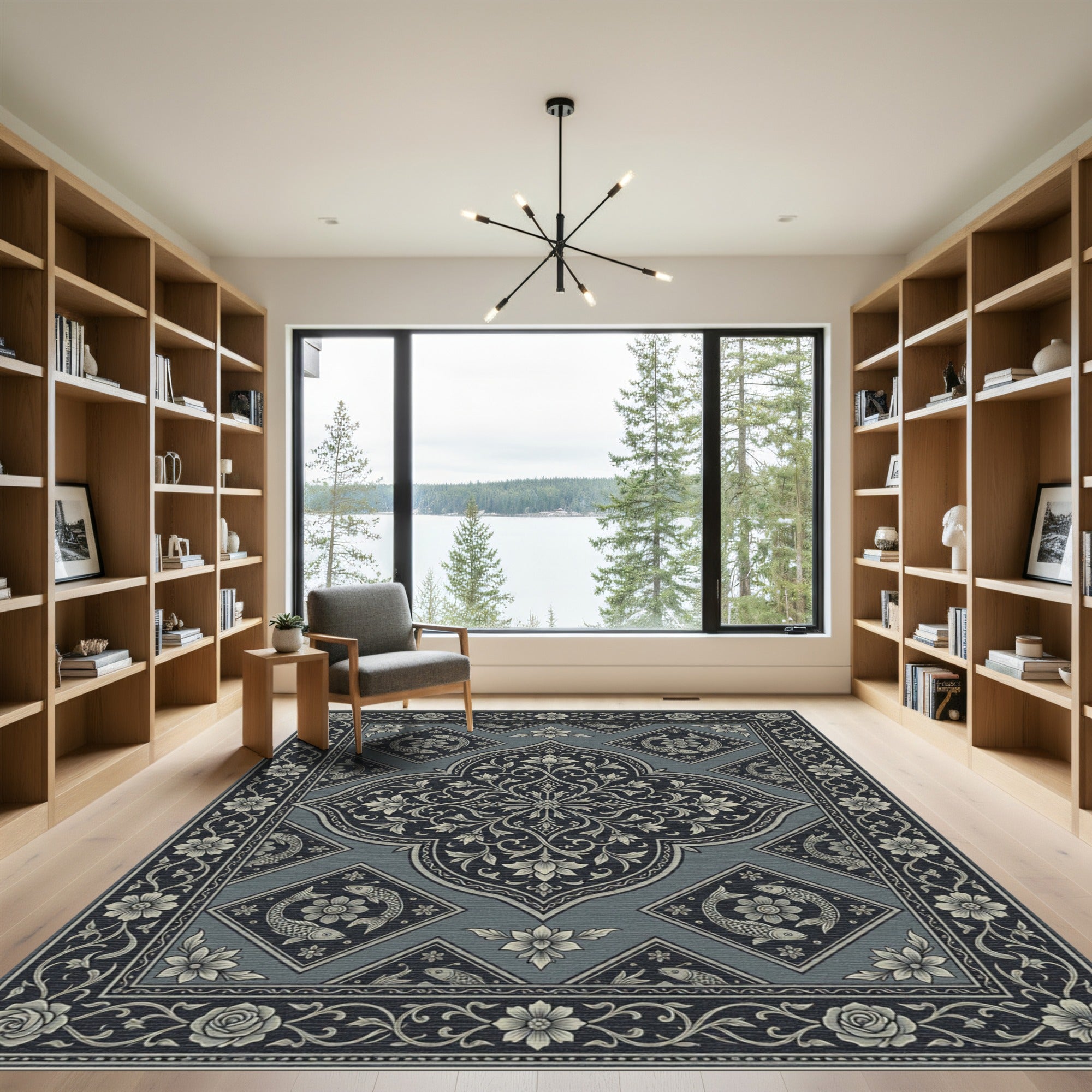 Elegant Slate Floral Koi Medallion Rug