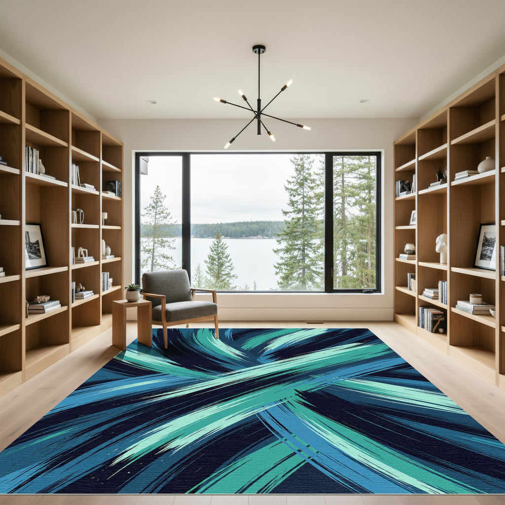 Dynamic Teal Blue Abstract Brushstroke Rug