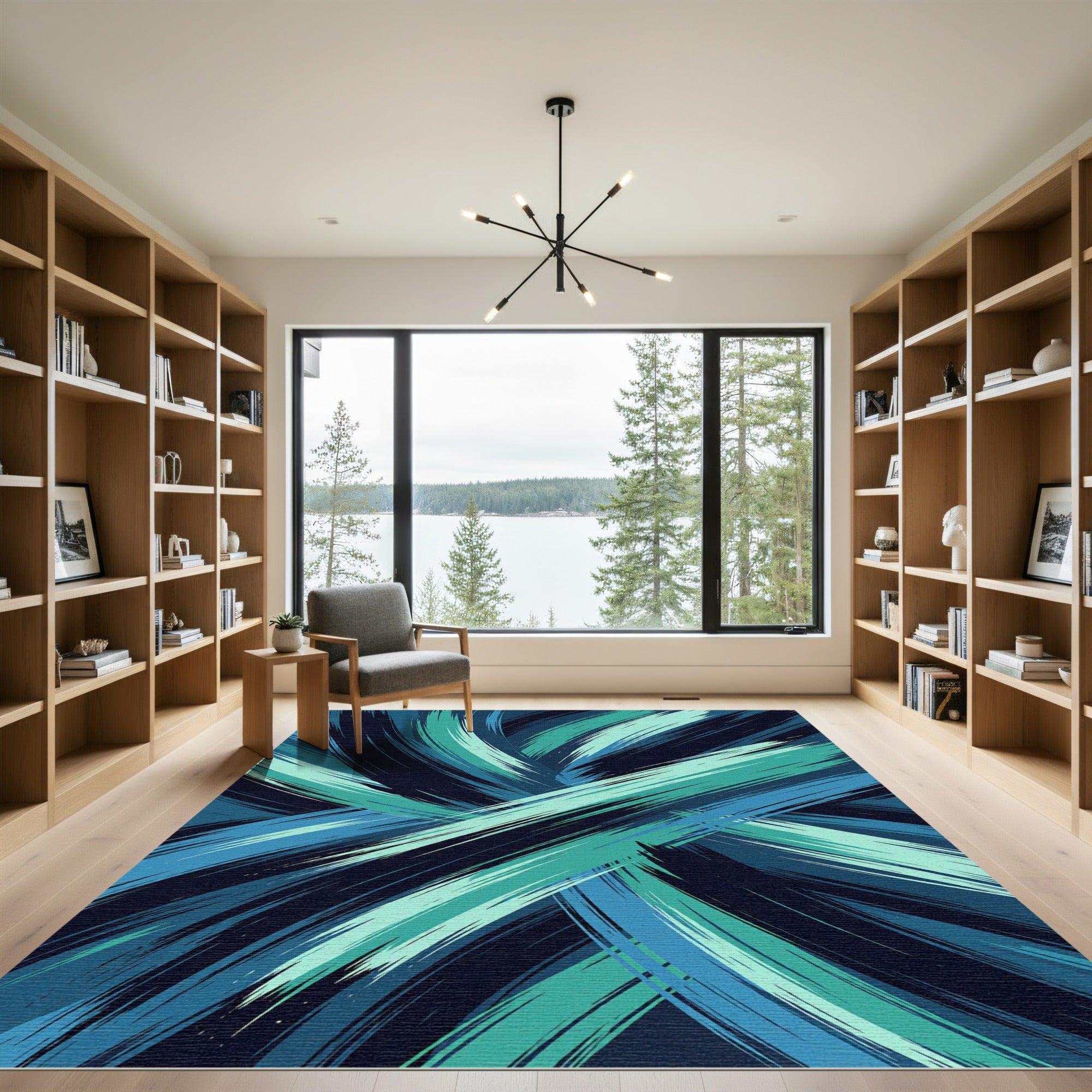 Dynamic Teal Blue Abstract Brushstroke Rug