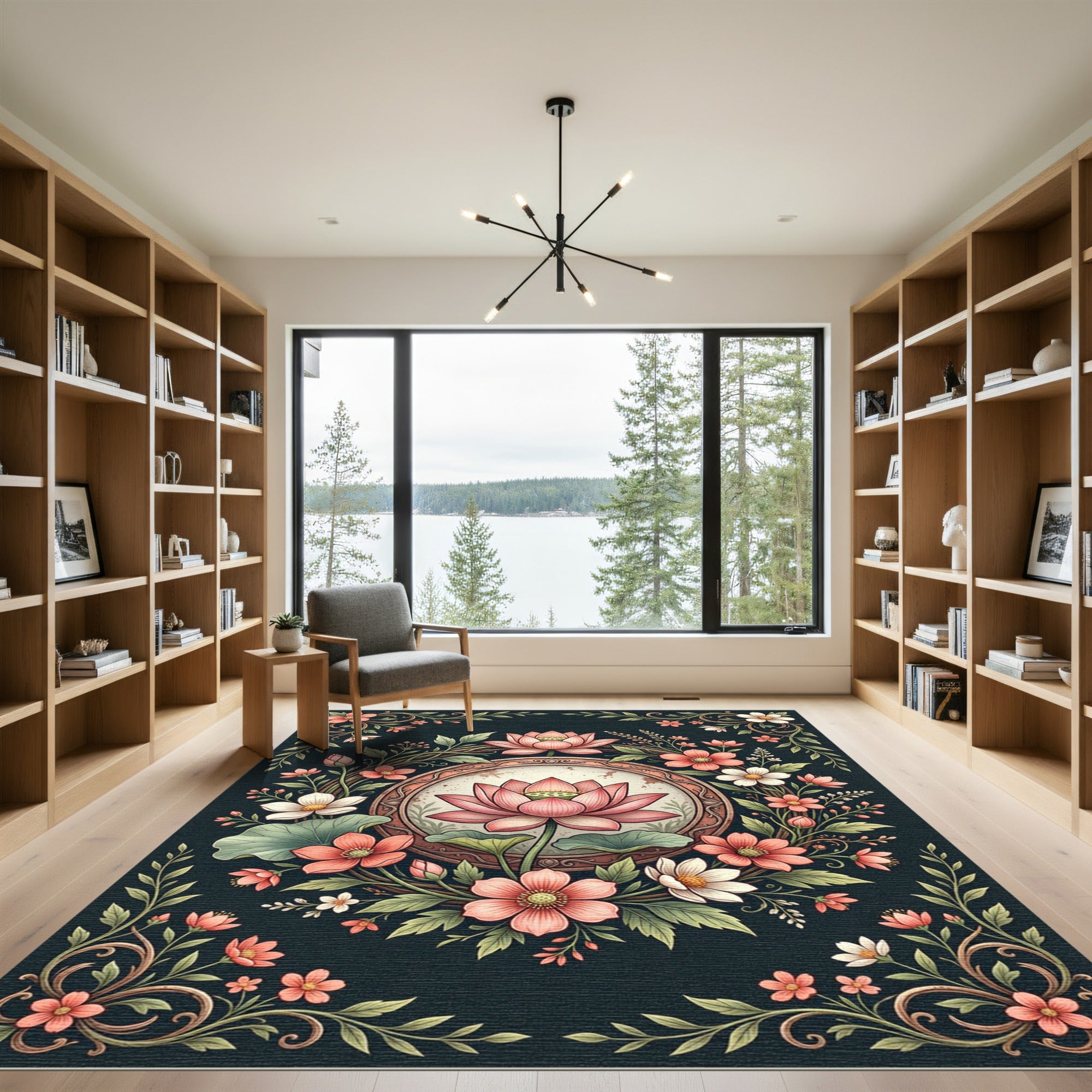 Elegant Pink Lotus Floral Medallion Rug