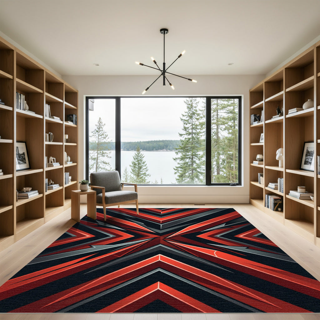 Radiant Crimson Black Abstract Geometric Rug
