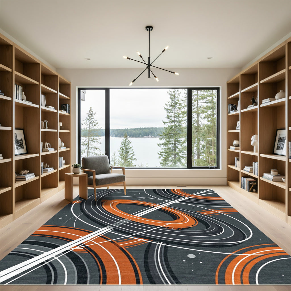 Modern Cosmic Orange and Gray Orbit Rug