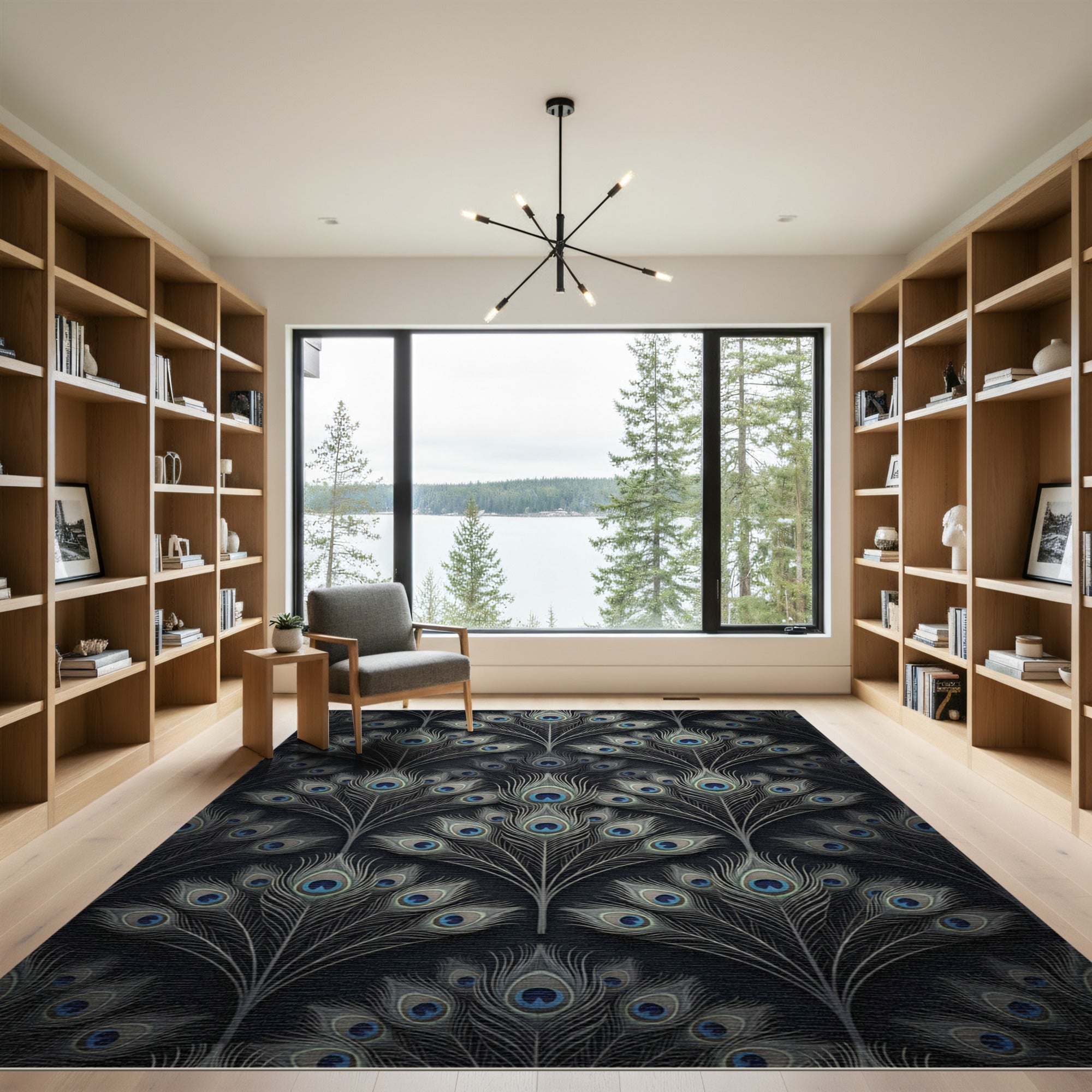 Elegant Peacock Feather Navy Art Deco Rug
