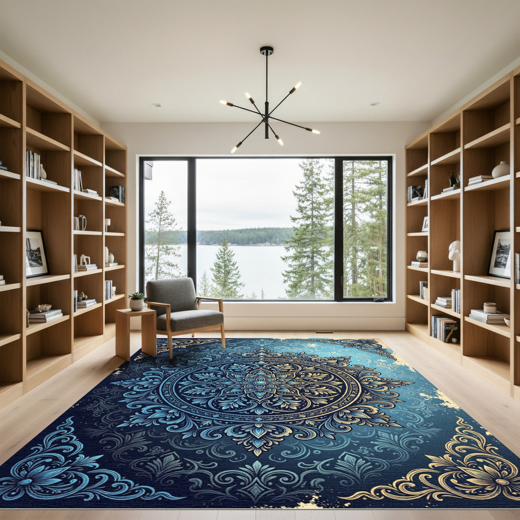 Elegant Navy Golden Floral Medallion Rug