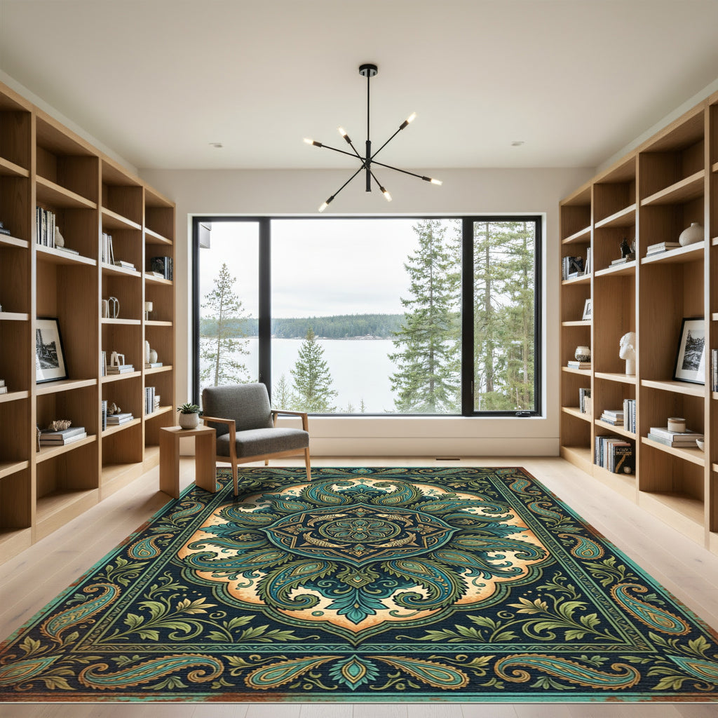 Teal Paisley Fish Medallion Ornate Art Rug