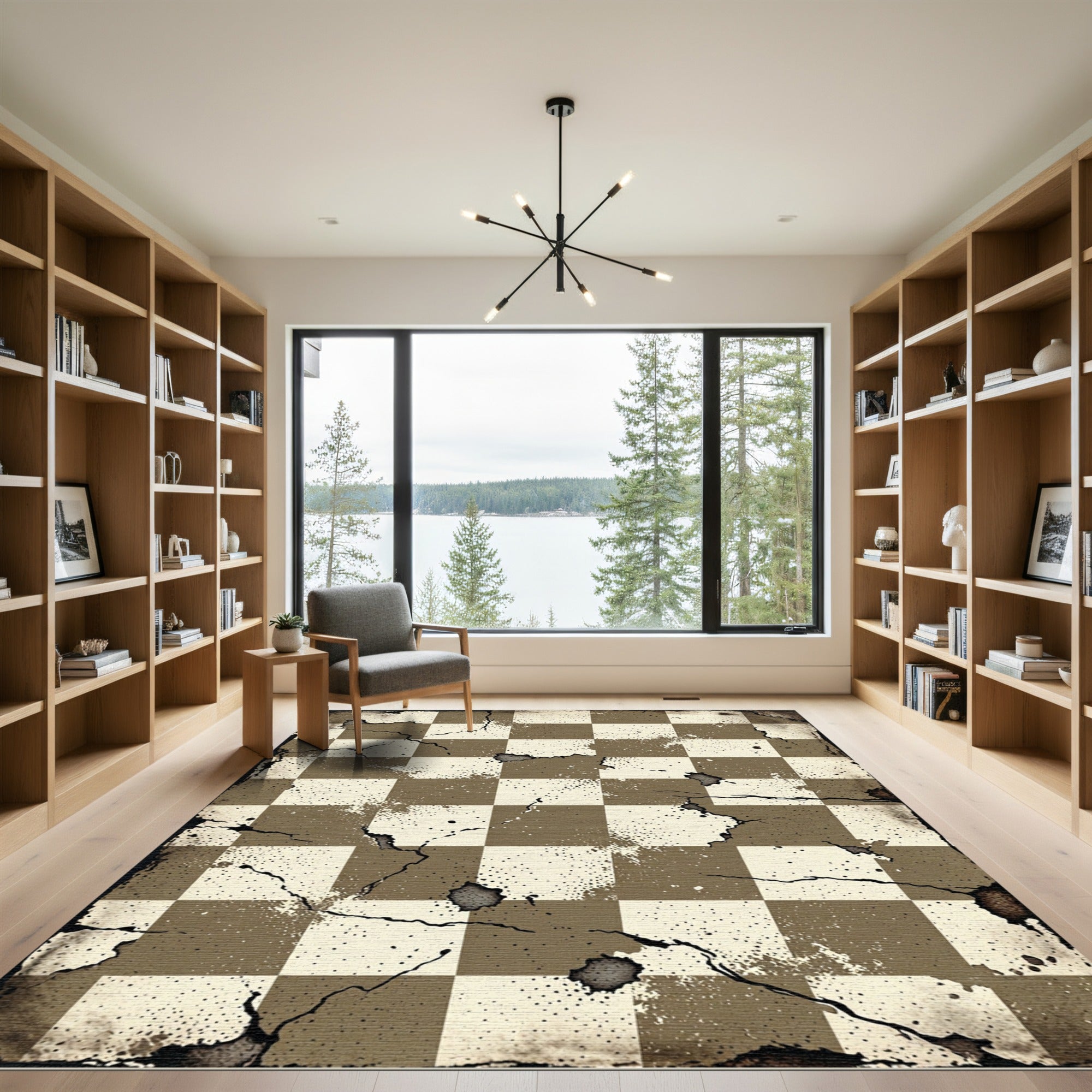 Distressed Earthy Brown Checkerboard Texture Rug