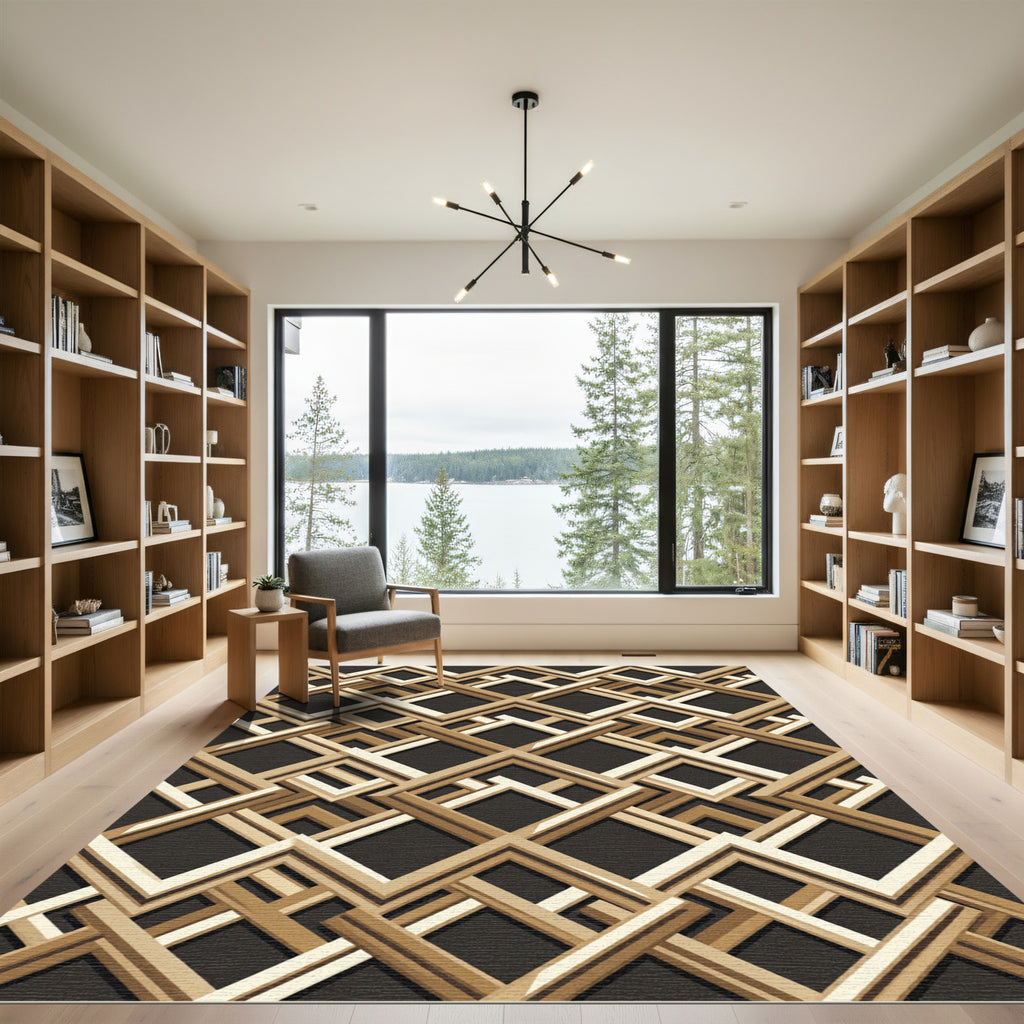 Metallic Gold Interlocking Geometric Lattice Rug