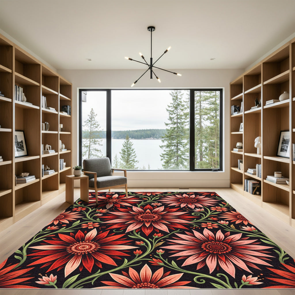 Crimson Coral Floral Vine Art Nouveau Rug