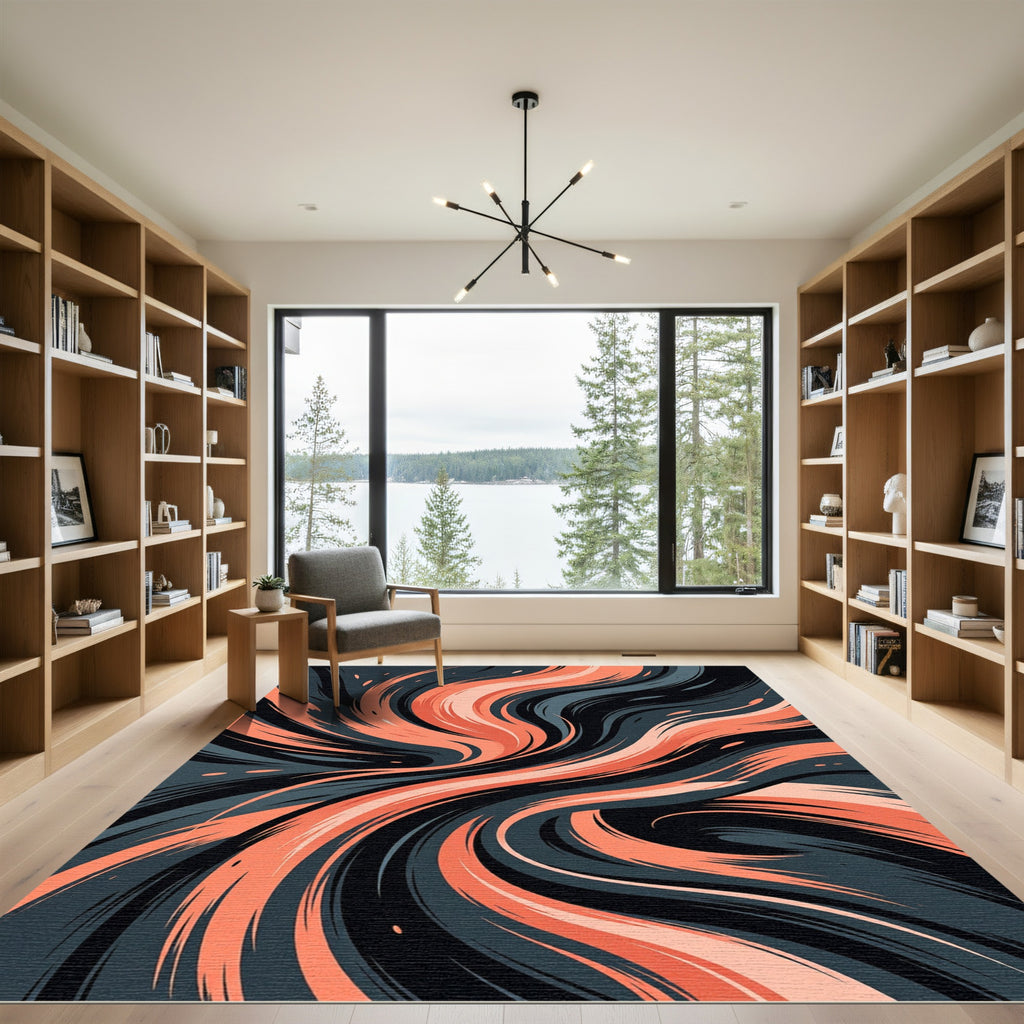 Modern Flowing Coral and Charcoal Abstract Wave Rug