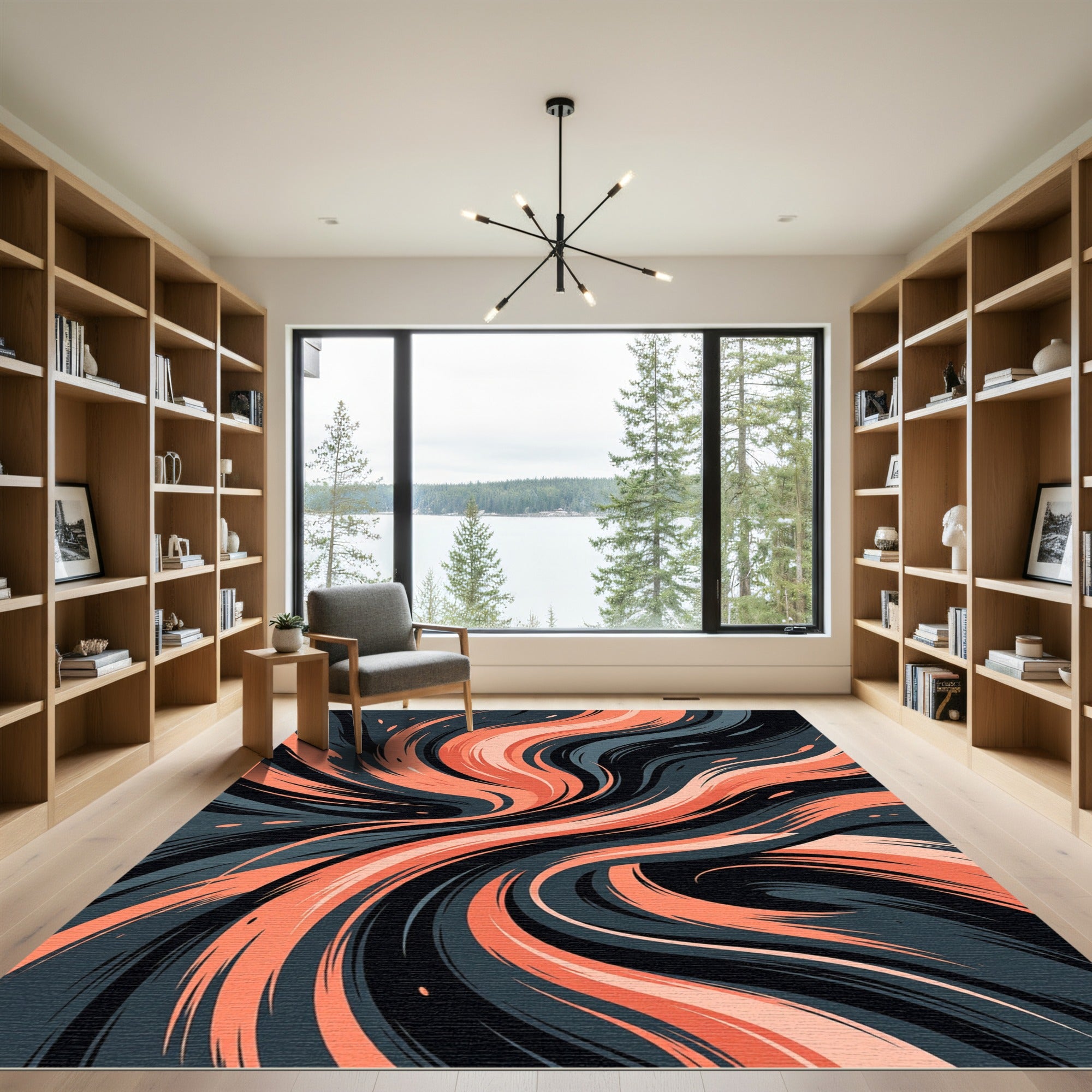 Modern Flowing Coral and Charcoal Abstract Wave Rug