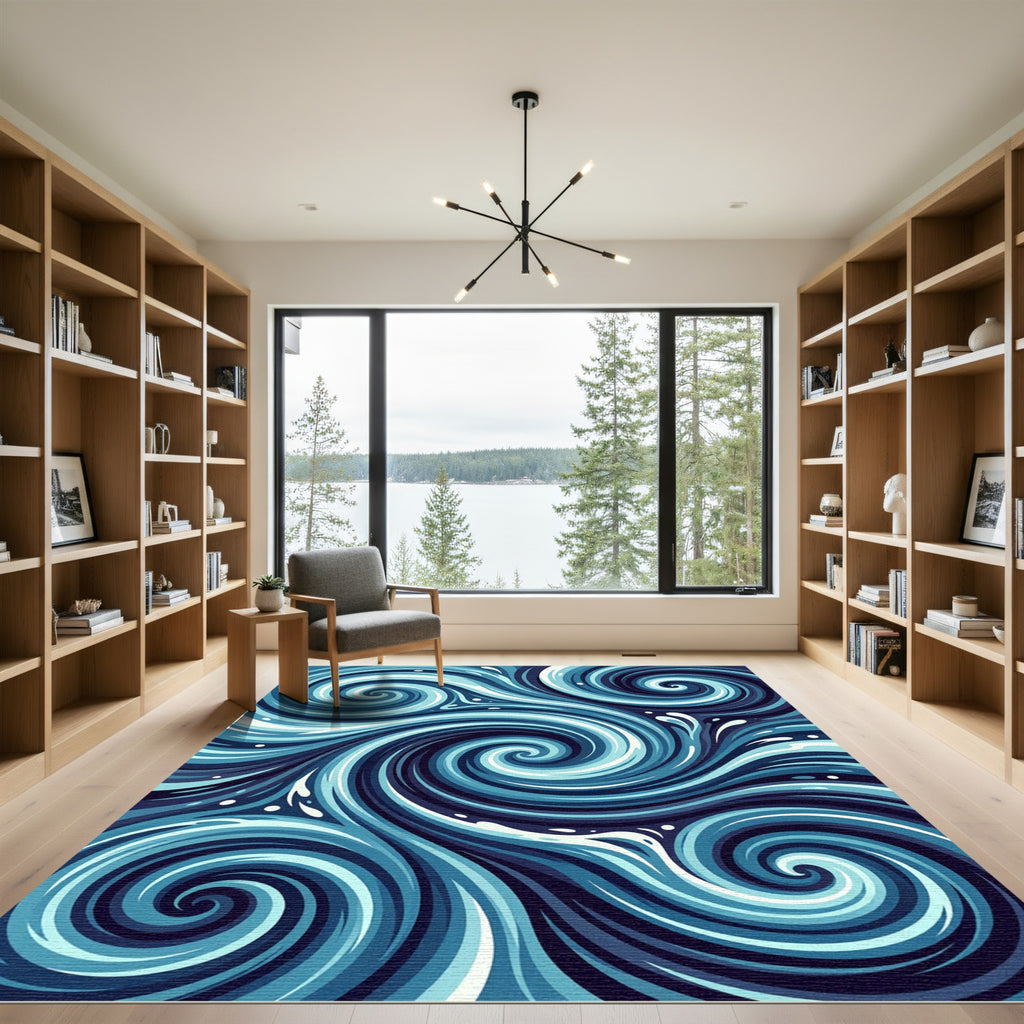 Deep Blue Swirling Water Current Rug