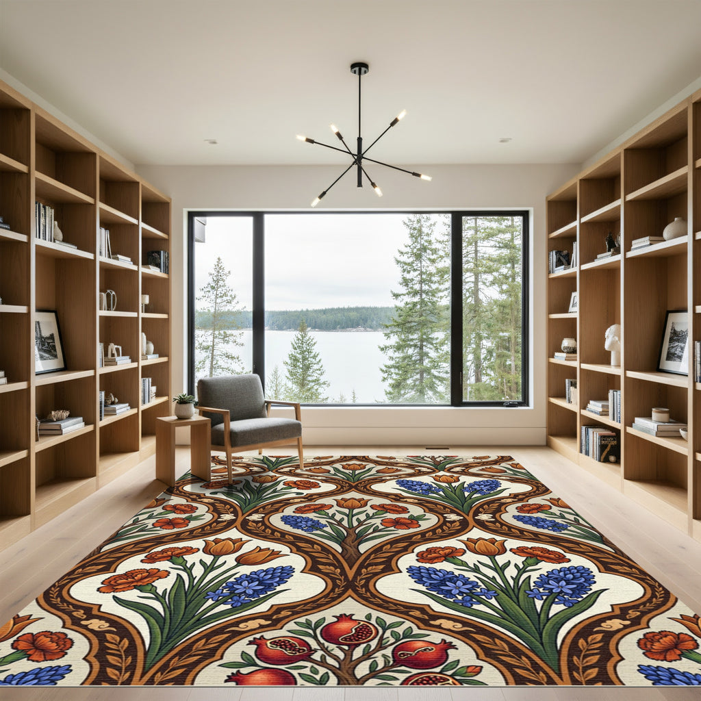 Artsy Orange Blue Floral Botanical Medallion Rug