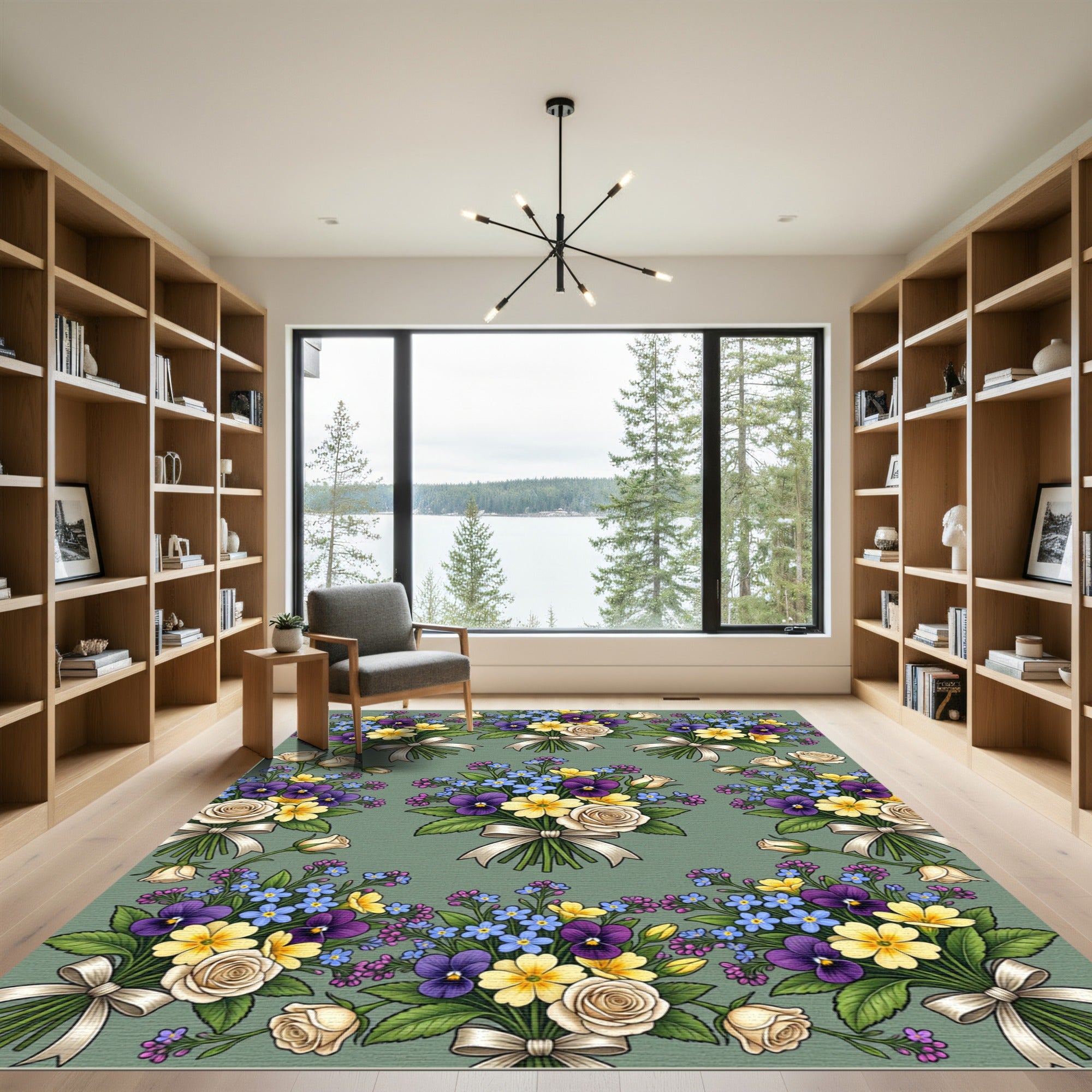 Elegant Sage Floral Bouquet Victorian Rug