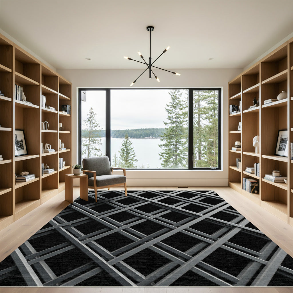 Monochromatic Industrial Geometric Interlinked Grid Rug