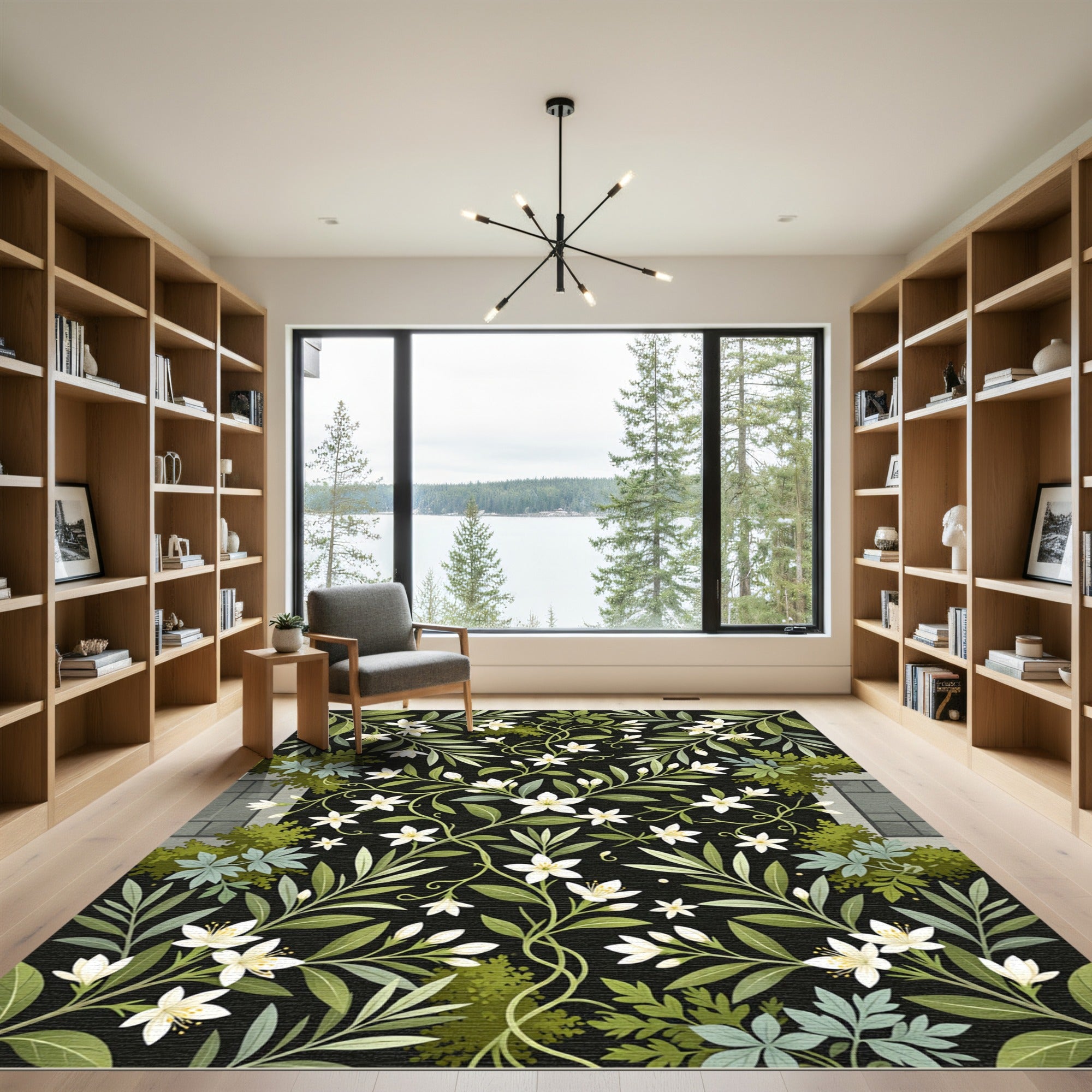 Black Floral Vine Garden Rug