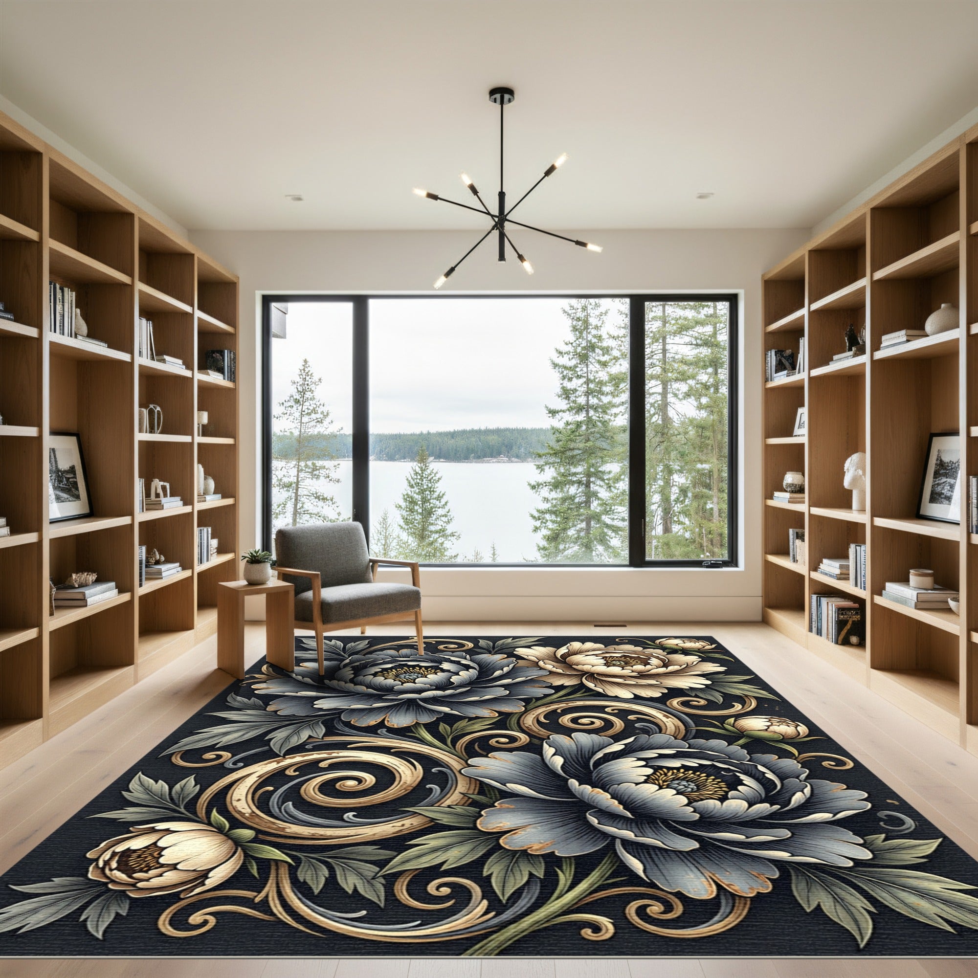 Elegant Midnight Floral Gold Swirl Rug