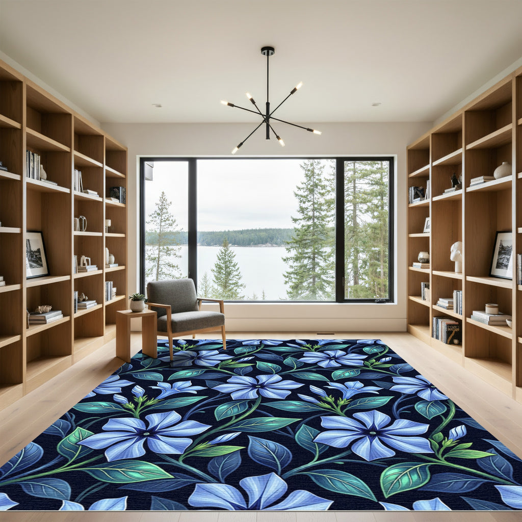 Vibrant Blue Vinca Floral Swirl Rug
