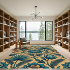 Golden Teal Floral Vine Garden Rug