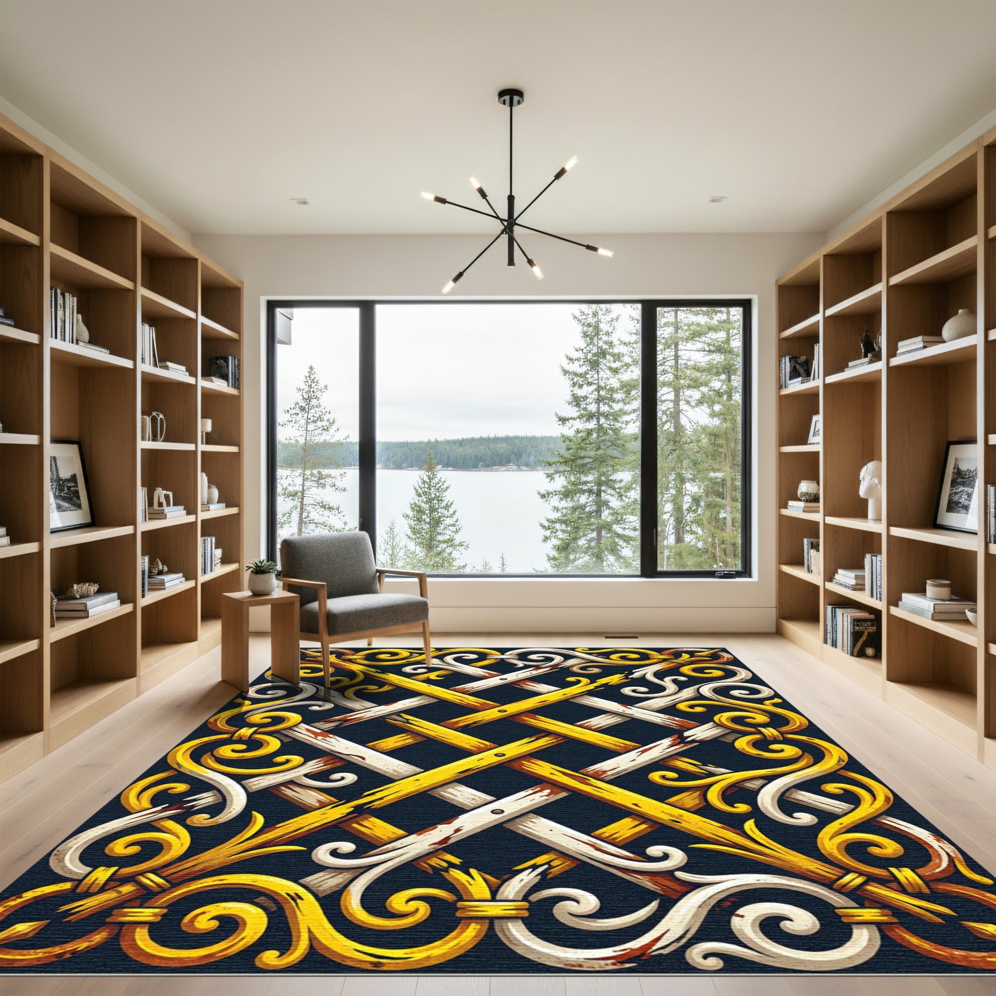 Gilded Scrollwork Gold White Lattice Rug
