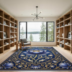 Golden Ornate Blue Lotus Bloom Rug