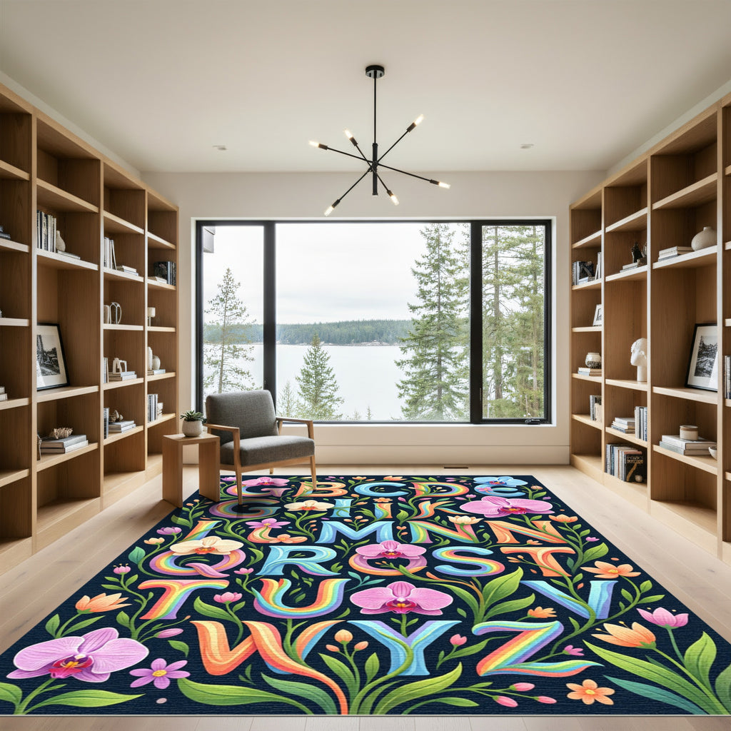 Colorful Floral Alphabet Rainbow Letter Wall Art Rug