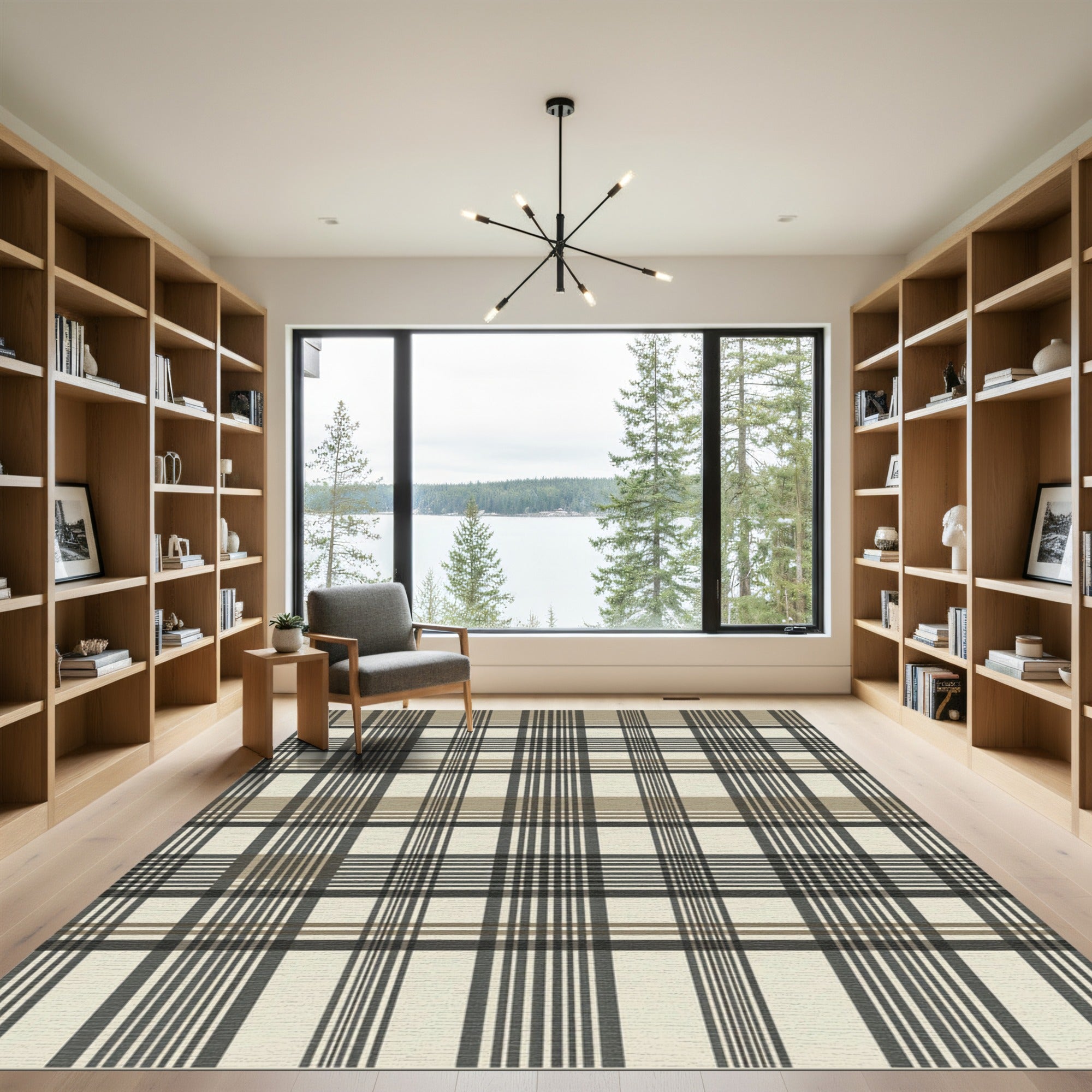 Classic Beige Black Plaid Check Rug