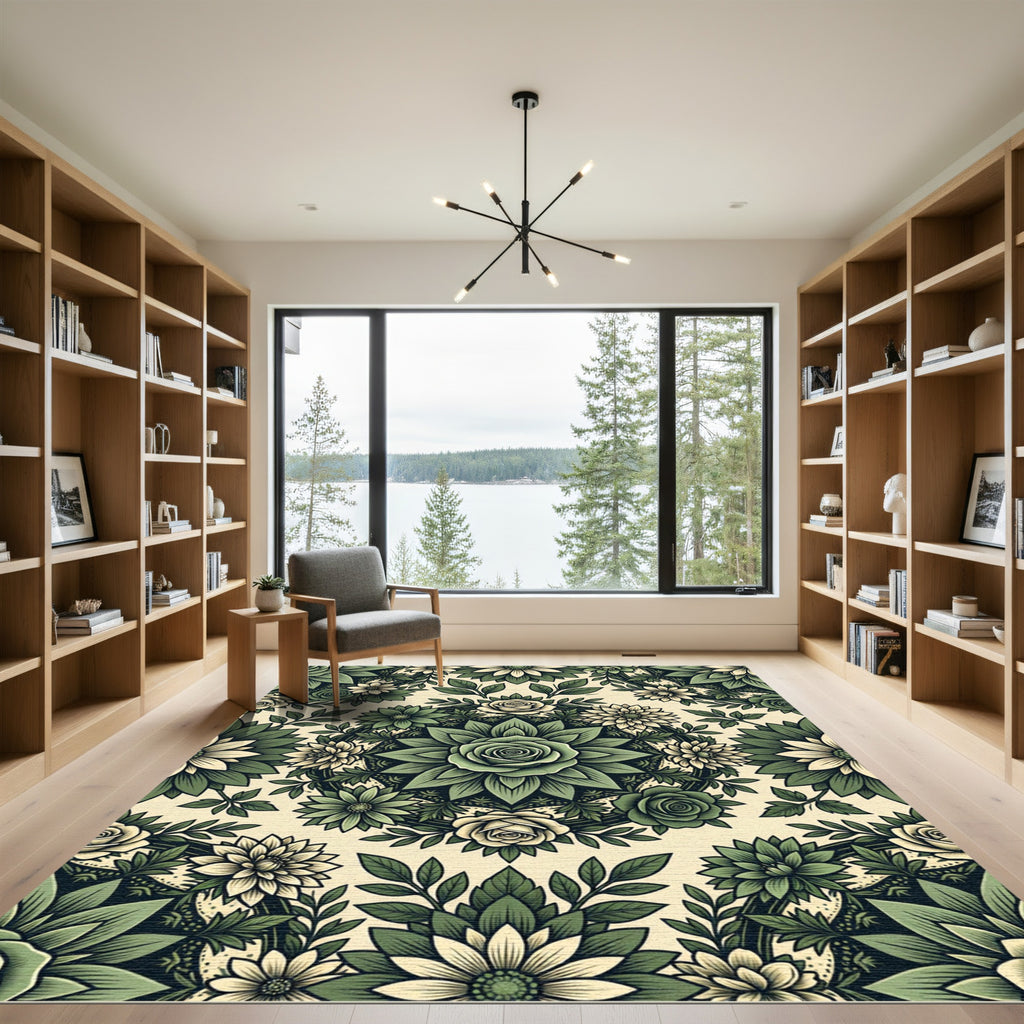 Sage Green Botanical Rose Mandala Rug