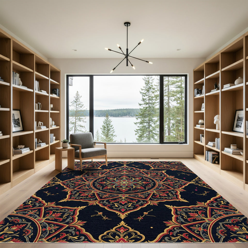 Ornate Crimson Gold Starburst Mandala Rug