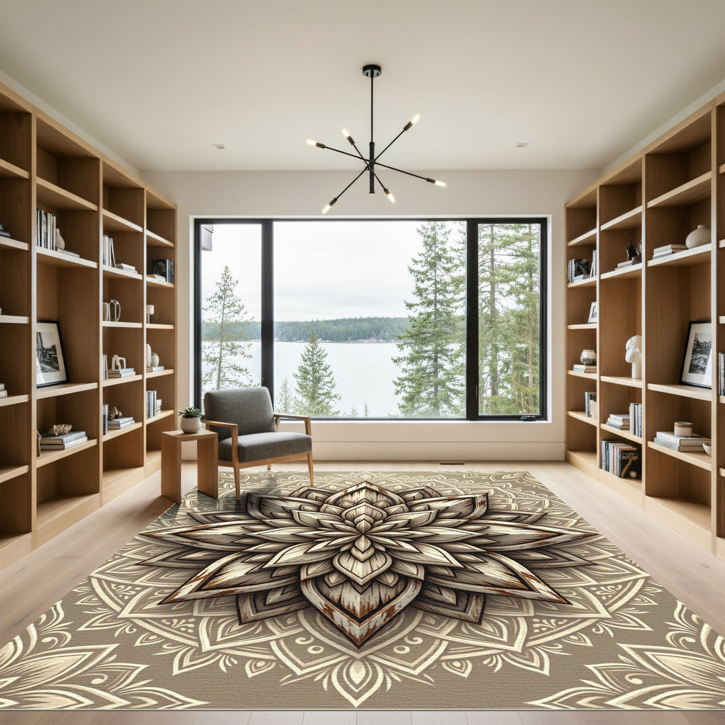 Rustic Cream Wood Grain Lotus Mandala Rug