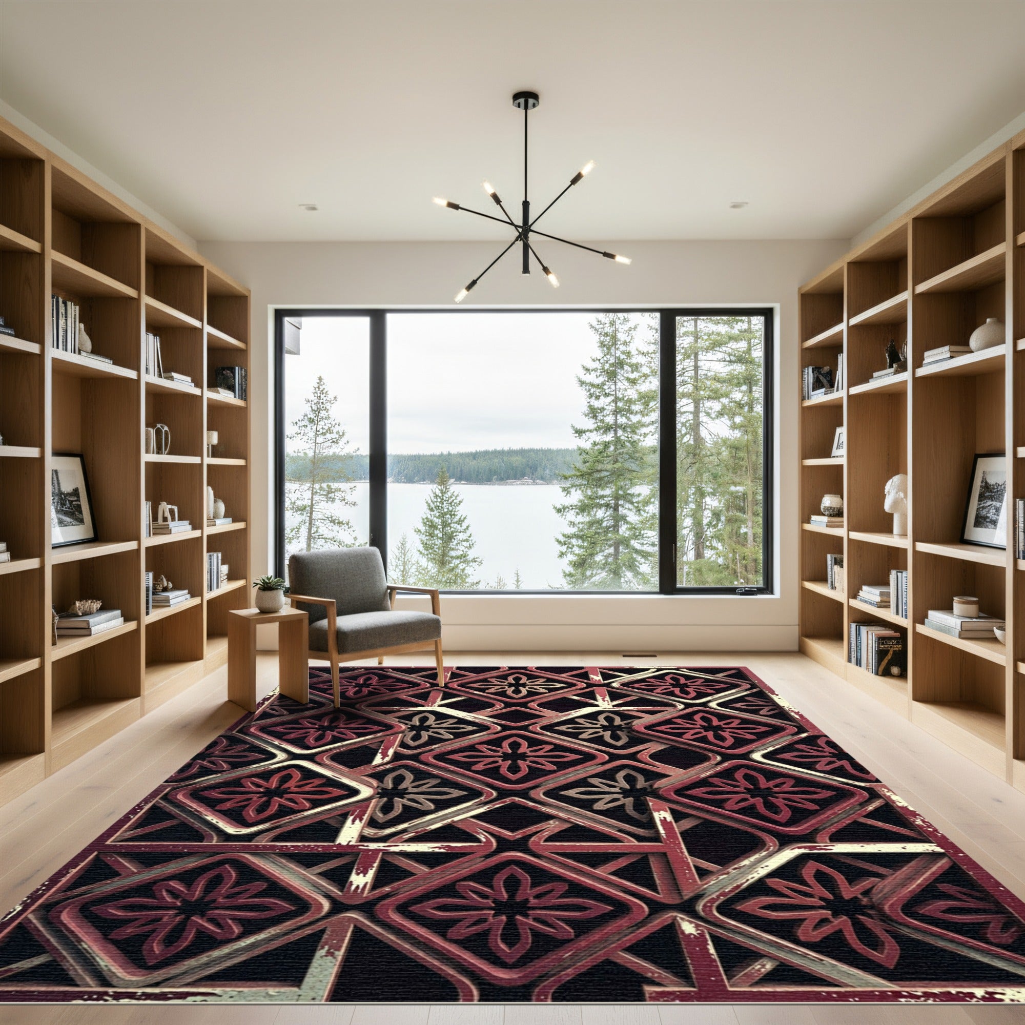 Earthy Red Geometric Lattice Floral Rug