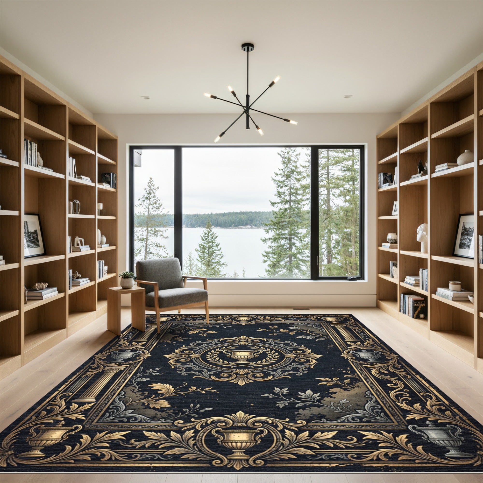 Ornate Gold and Navy Neoclassical Urn Rug