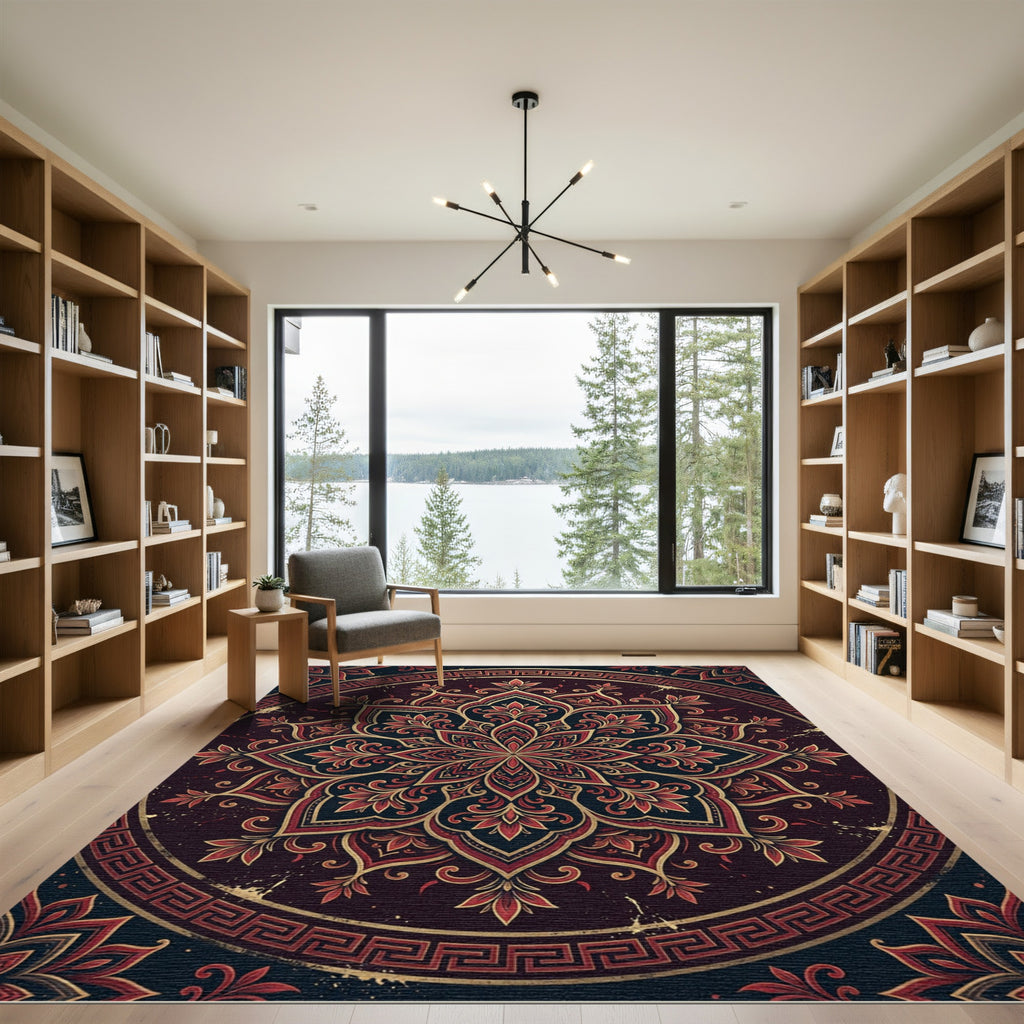 Ornate Crimson Gold Greek Key Medallion Rug