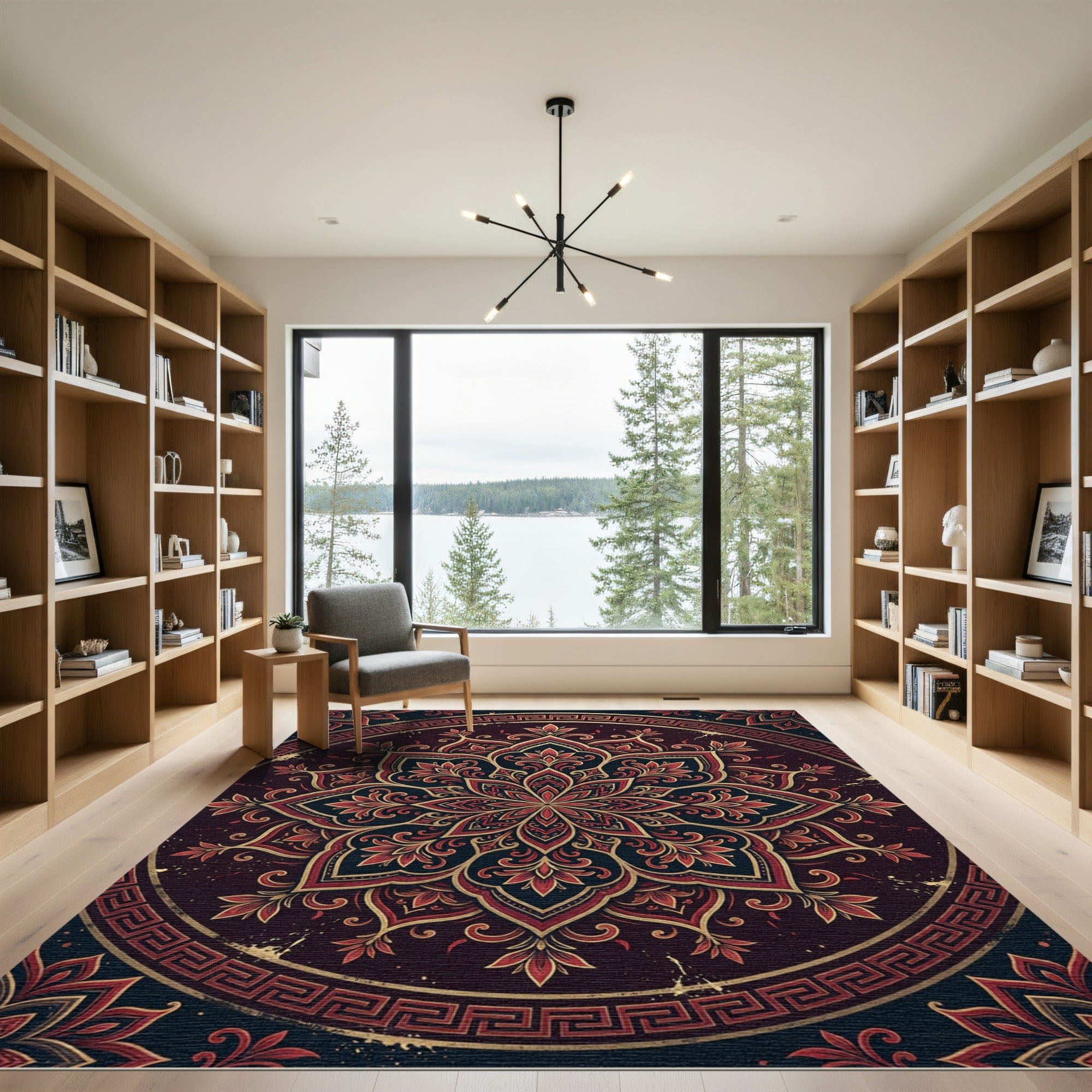 Ornate Crimson Gold Greek Key Medallion Rug