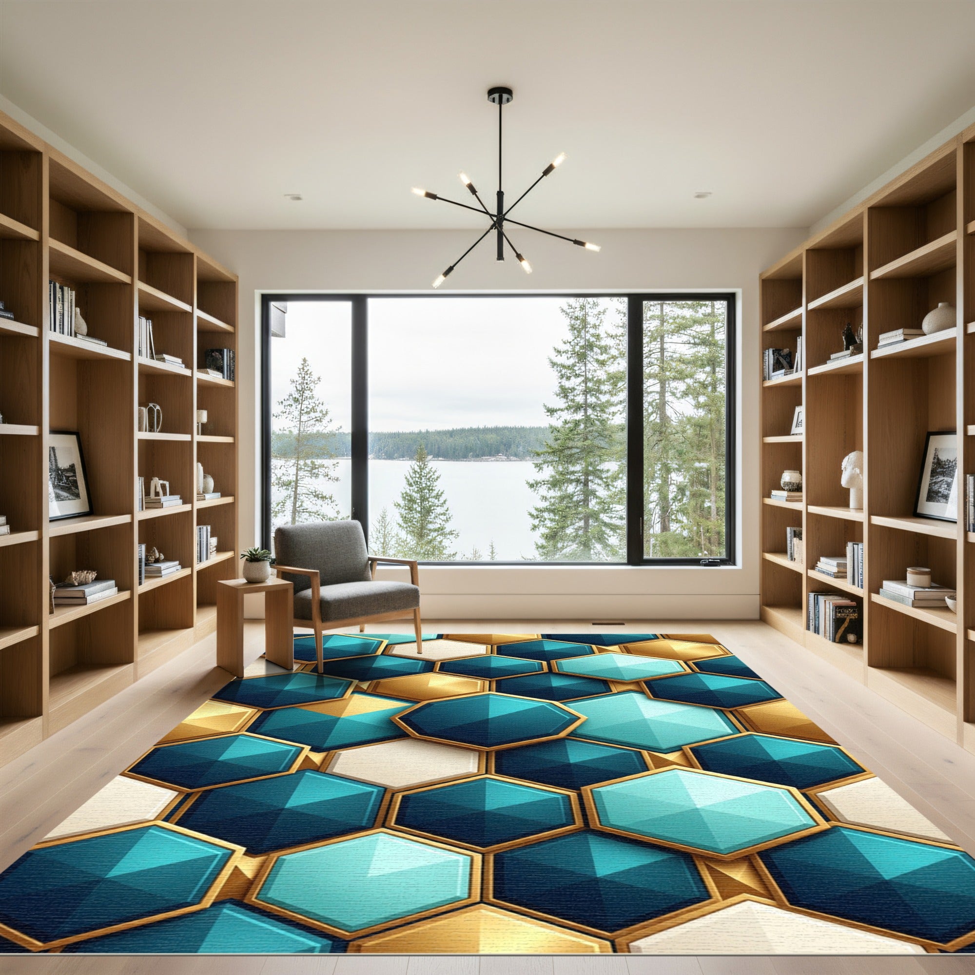 Luxury Teal and Gold Geometric Hexagon Rug