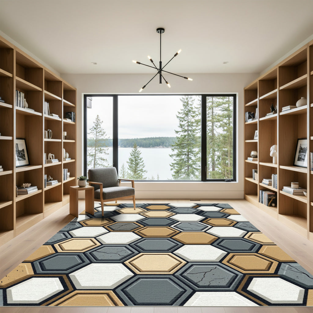 Cracked Stone Hexagon Geometric Arrangement Rug