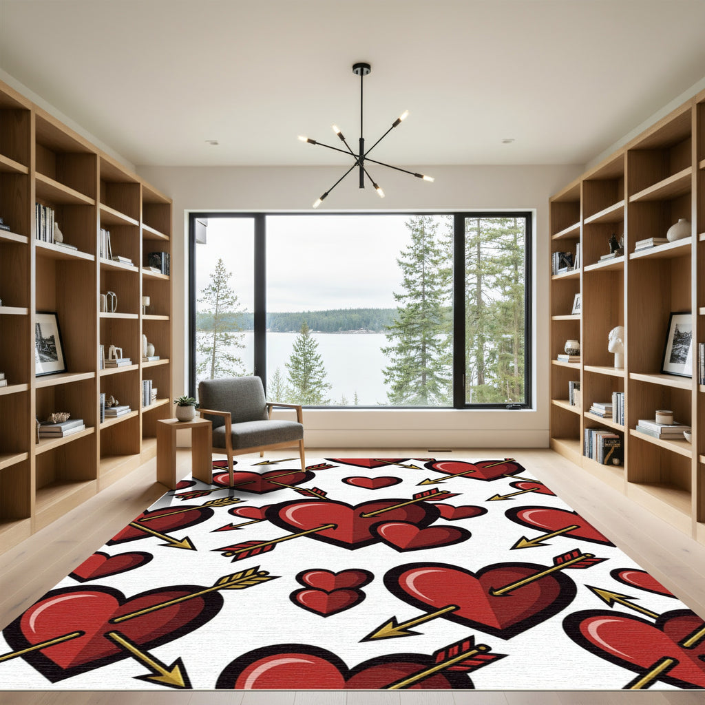 Romantic Red Hearts and Gold Arrows Rug
