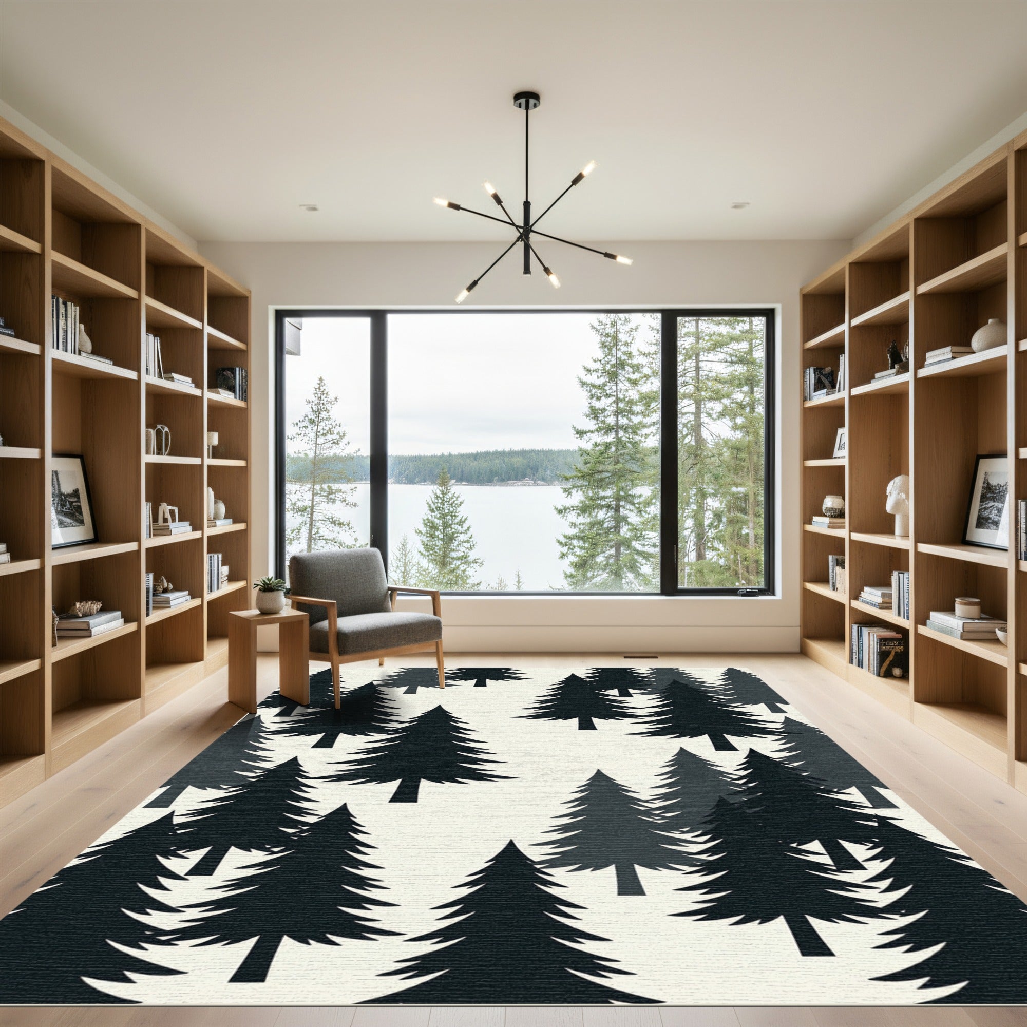 Minimalist Charcoal Forest Pine Silhouette Rug