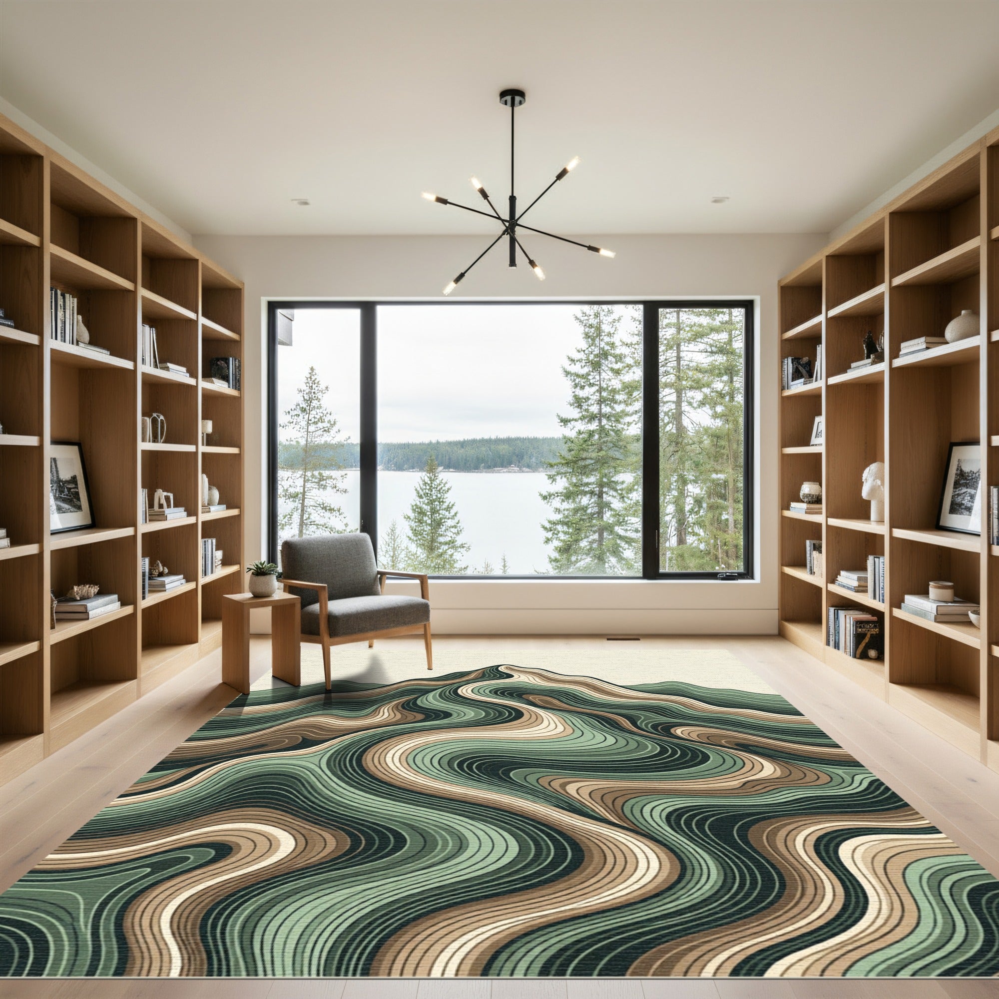 Earthy Green Wavy Mountain Landscape Rug