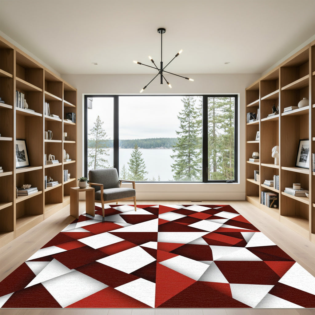 Modern Crimson White Geometric Angular Block Rug