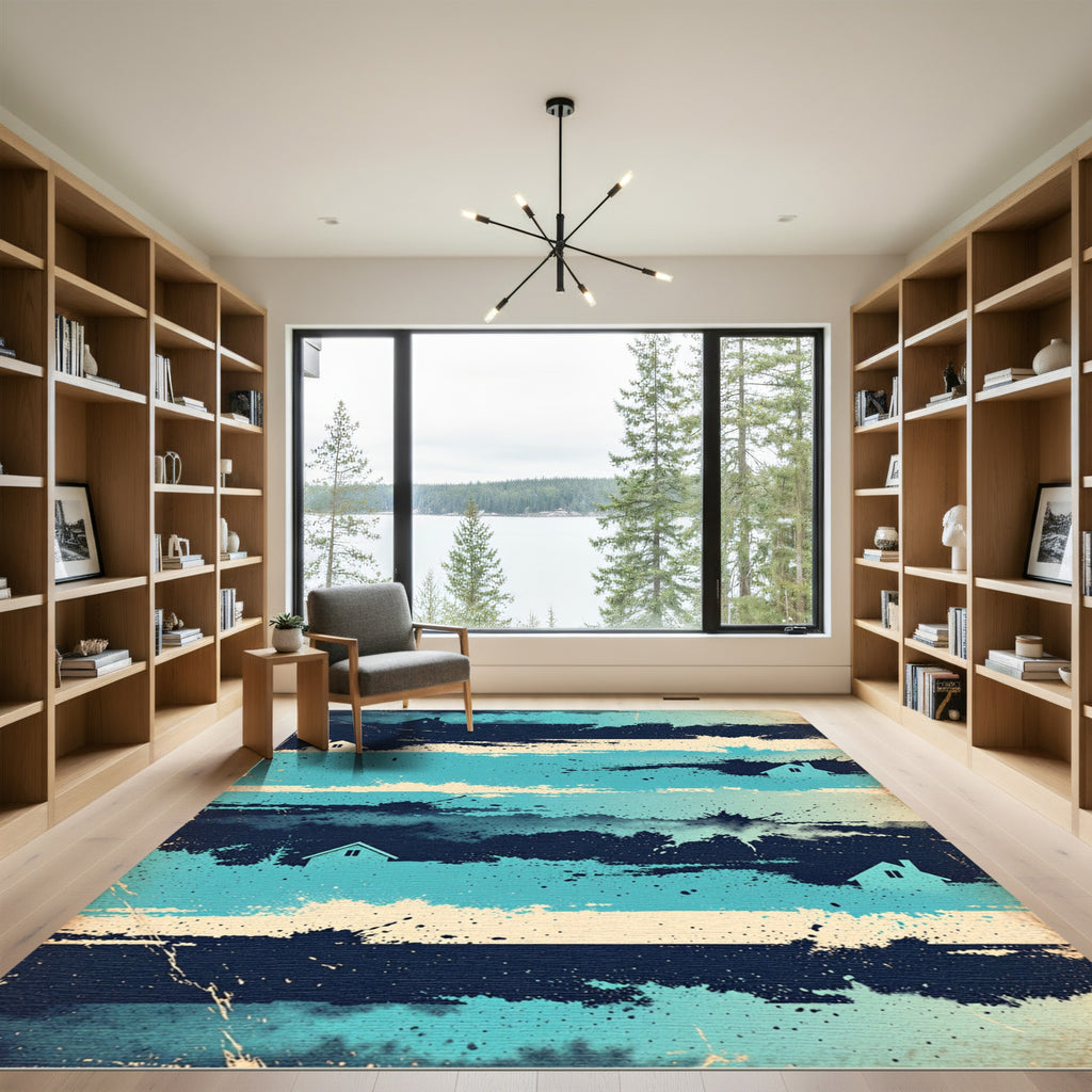 Abstract Blue Distressed House Horizon Texture Rug