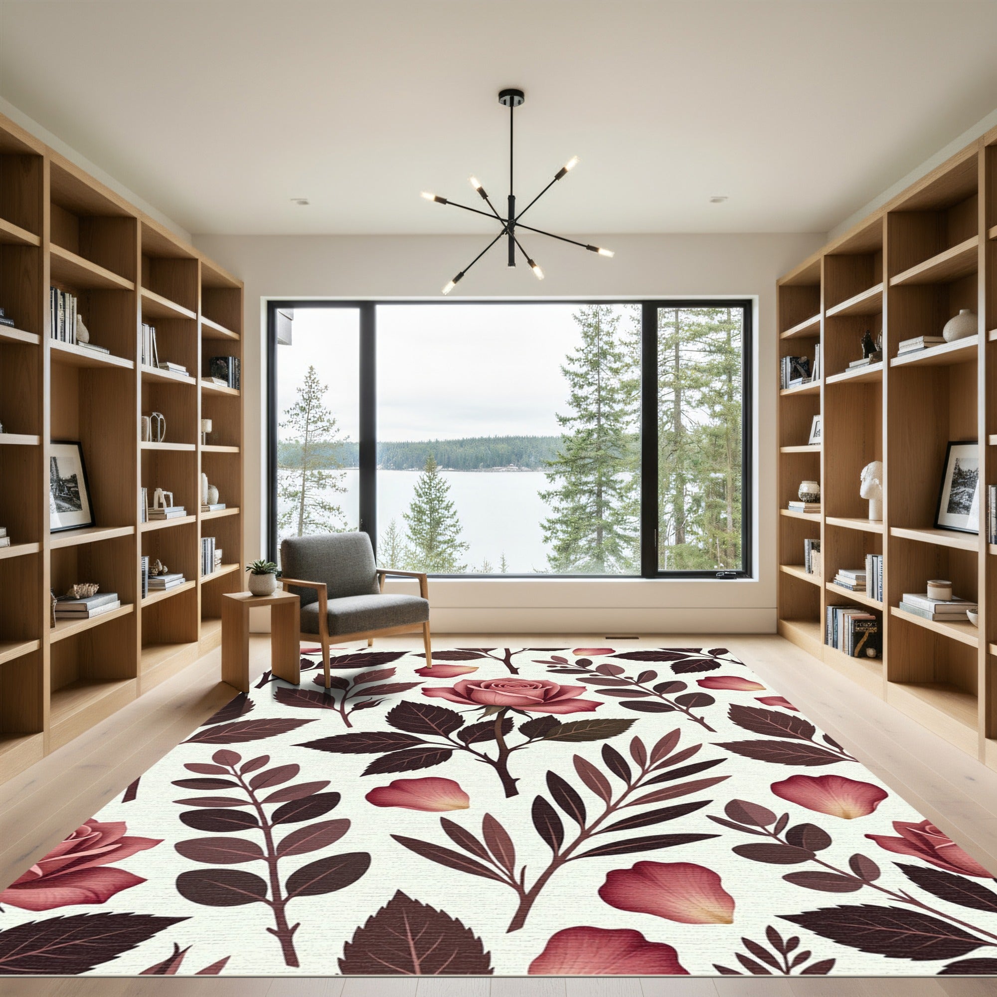 Mauve Rose Botanical Floral Pattern Rug