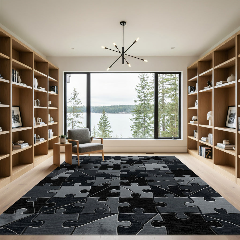 Monochrome Abstract Geometric Puzzle Tile Rug