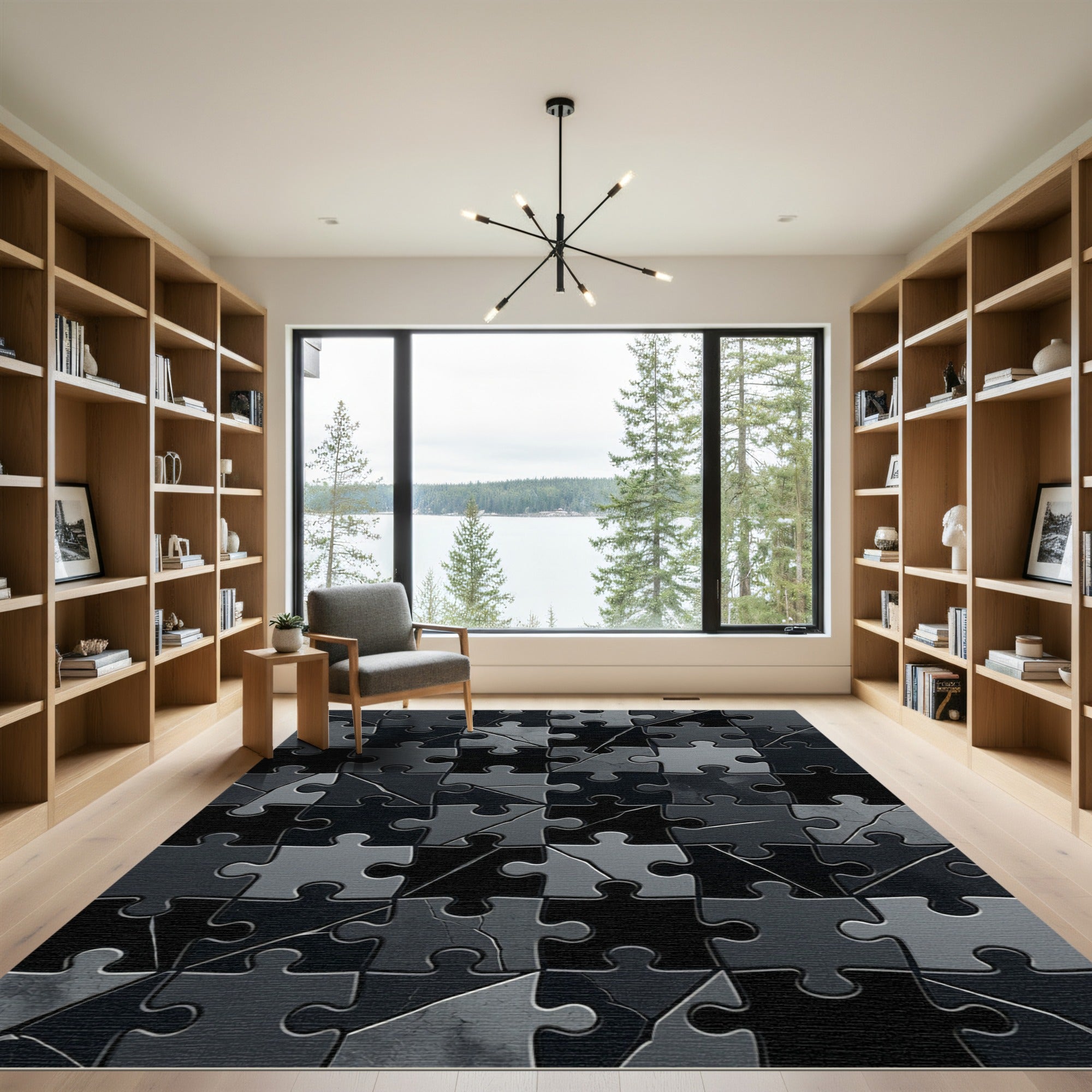 Monochrome Abstract Geometric Puzzle Tile Rug