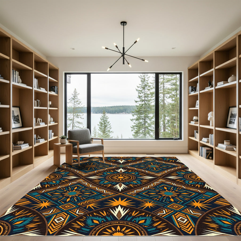 Midnight Teal Gold Geometric Sunburst Rug