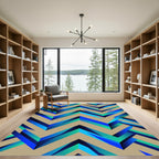 Geometric Blue and Tan Chevron Illusion Rug
