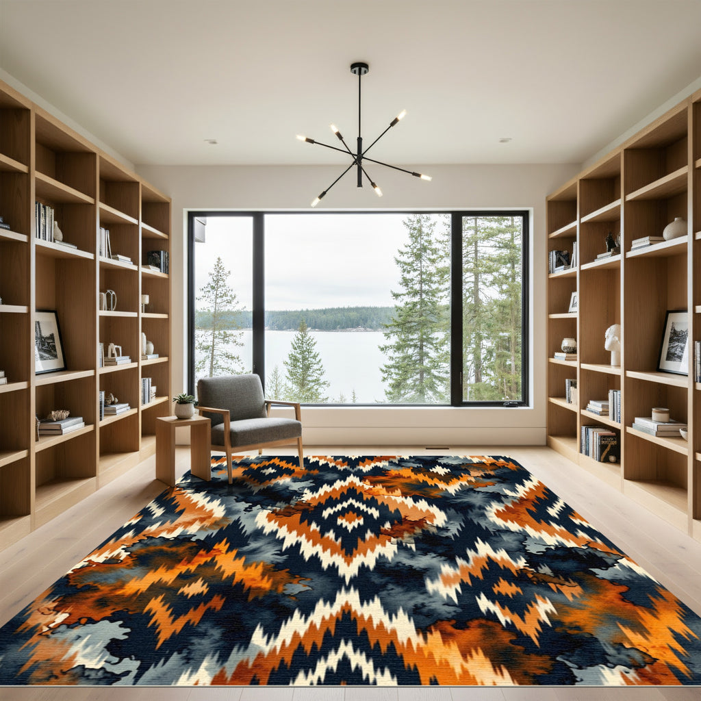 Midnight Orange Abstract Ikat Diamond Rug
