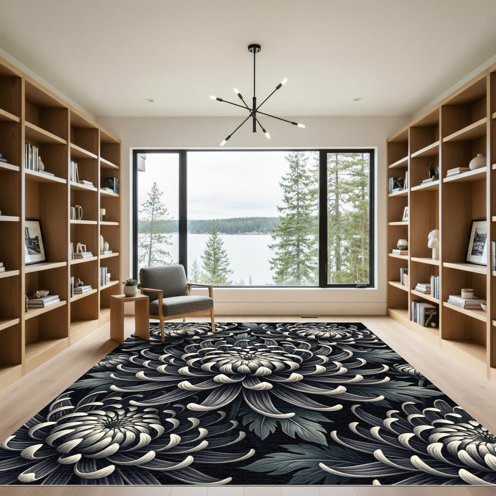 Monochromatic Black Chrysanthemum Flora Rug