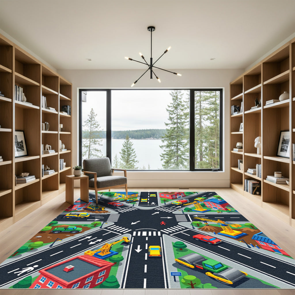 Vibrant Isometric Urban Roadway Cityscape Rug